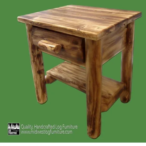 1 Drawer Log Nightstand with Shelf – Torched Cedar, Solid Wood