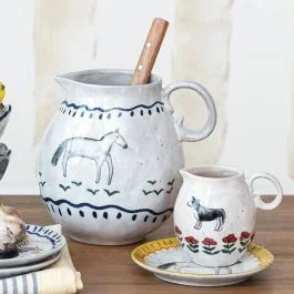 2 Piece Hand Painted Stoneware Pitcher and Creamer Set