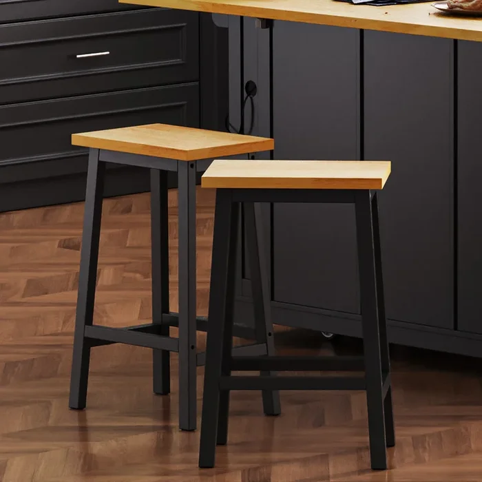 25.6″ Solid Wood Farmhouse Bar Stools with Footrests, Set of 2 Black Counter Chairs