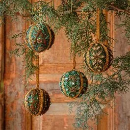 3 Inch Elegant Embroidered Jeweled Ornaments Set of 4