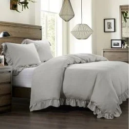 3 Piece Grey Ruffled Linen Comforter Set
