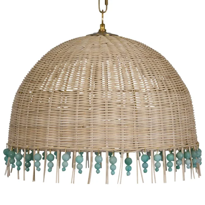 32″ Athena Rattan Pendant with Beaded Frill – Turquoise Beads