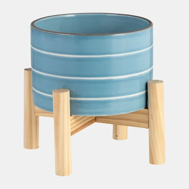6″ Striped Planter W/ Wood Stand, Skyblue