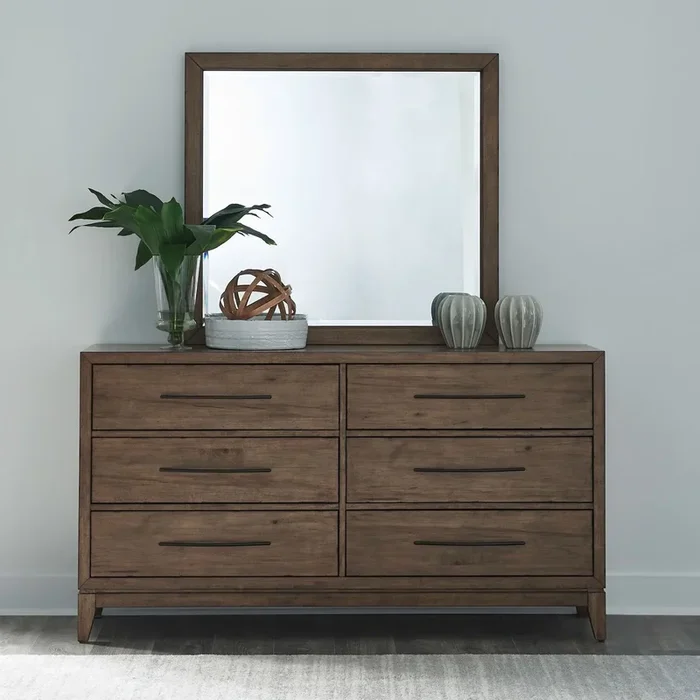 6-Drawer Dresser with Beveled Mirror and Dark Bronze Pulls