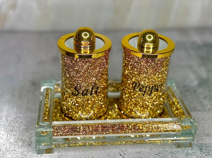 Ambrose Exquisite Salt & Pepper Canisters with Tray in Crushed Diamond Glass in Gift Box