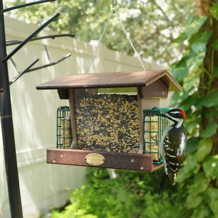 Amish Poly Deluxe Hanging or Post Mount Hopper Bird Feeder with Dual Suet Cages