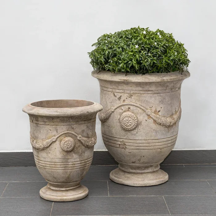 Antico Terra Cotta Urn Planters with Relief – Set of 2