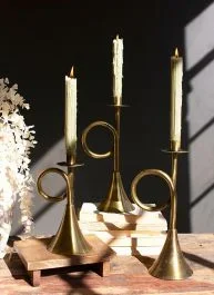 Antique Brass Trumpet Taper Holders Set of 3