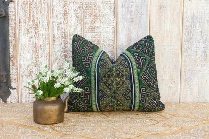 Antique Hmong Embroidered Emerald Green Pillow