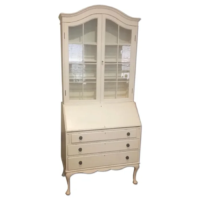 Antique Secretary Desk w/ Glass-Door Hutch in White