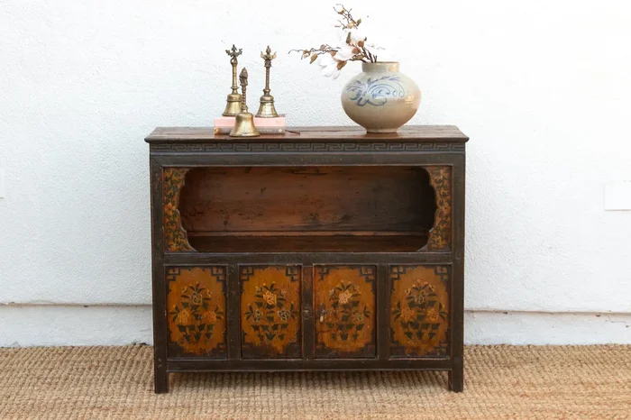 Antique Tibetan Altar Cabinet with Original Painted Finish