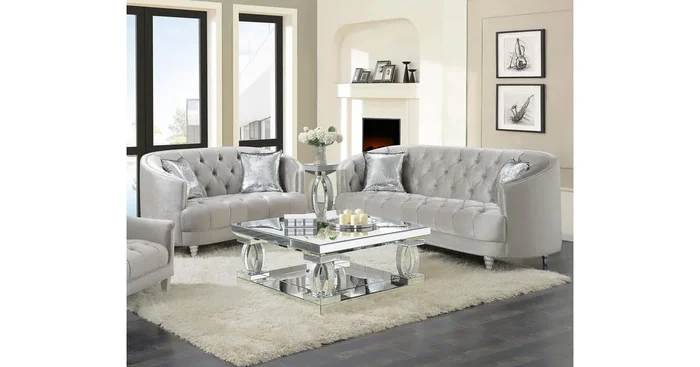 Avonlea 2-piece Upholstered Sloped Arm Sofa Set Grey Velvet