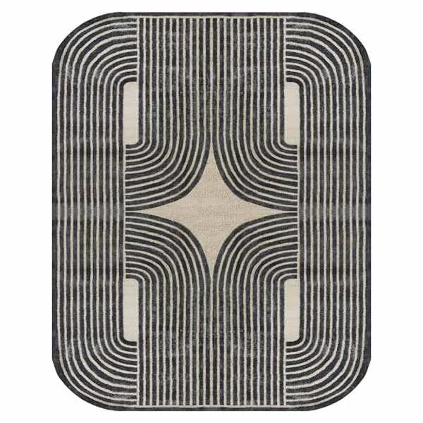 (B894) Black & Beige Oval Geometric Area Rug, 8×10