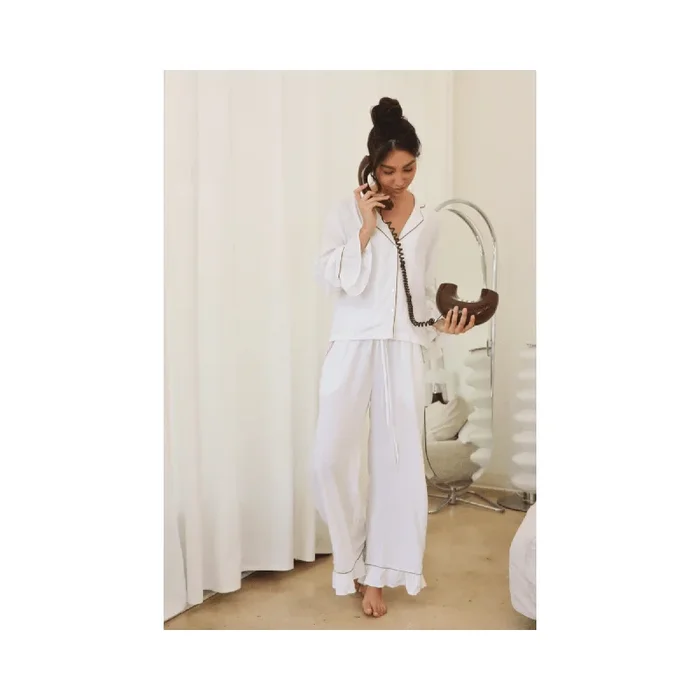 Bamboo PJ Set White with Brown Piping
