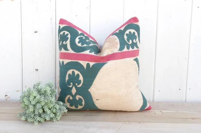 Bashful Beige Vintage Suzani Pillow (Trade)