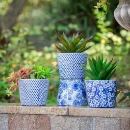 Beautiful Blues Patterned Terracotta Planters Set of 4