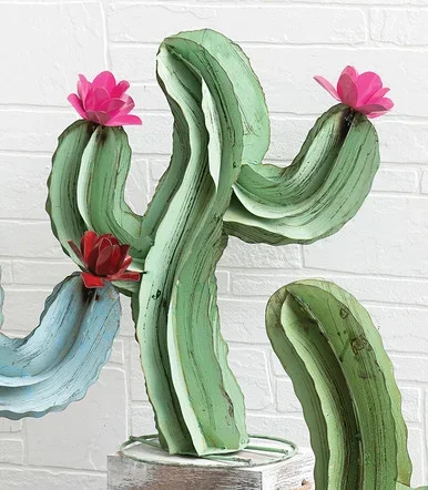 Blooming Cactus Green Metal Sculpture – Medium
