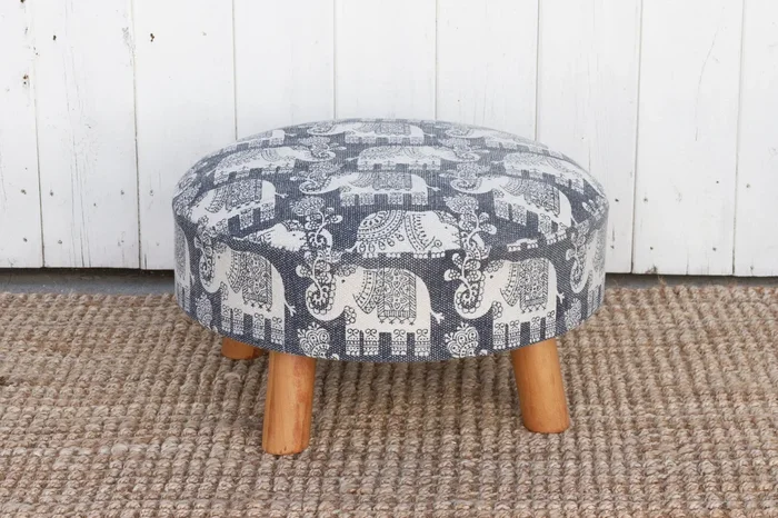 Blue & White Elephant Dhurrie Ottoman Stool (Trade)
