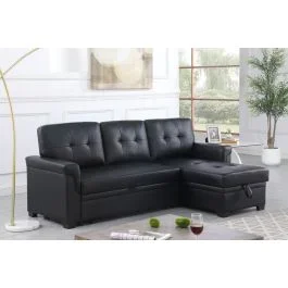 Britton Black Leather Sectional Sleeper With Storage