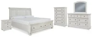 California King Sleigh Bed With Storage With Mirrored Dresser, Chest and Nightstand