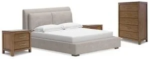 California King Upholstered Bed With Chest and 2 Nightstands