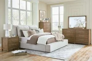 California King Upholstered Bed With Mirrored Dresser, Chest and Nightstand