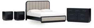 California King Upholstered Panel Bed With Dresser and 2 Nightstands
