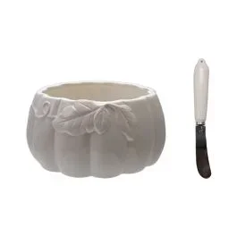 Ceramic Pumpkin Bowl with Canape Knife Set of 2