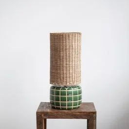Ceramic Tile Table Lamp With Rattan Shade Set of 2