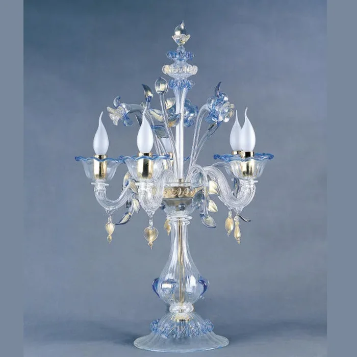 Clear Murano Glass Flambeau Table Lamp With Blue Flowers