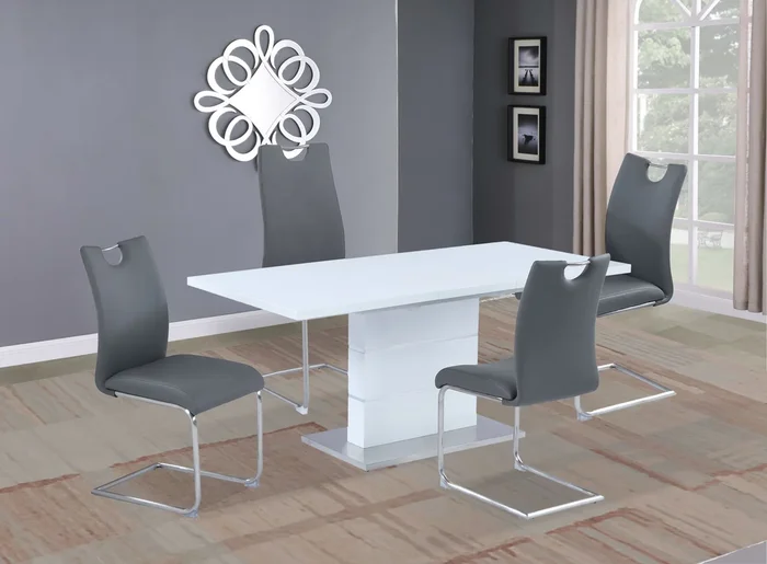 Contemporary Dining Set w/ Extendable White Table & 4 Cantilever Chairs