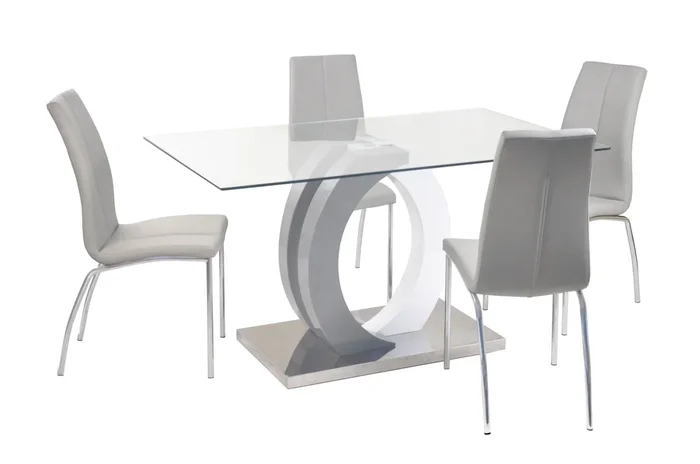 Contemporary Dining Set w/ Glass Table, Wood & Steel Pedestal and 4 Chairs