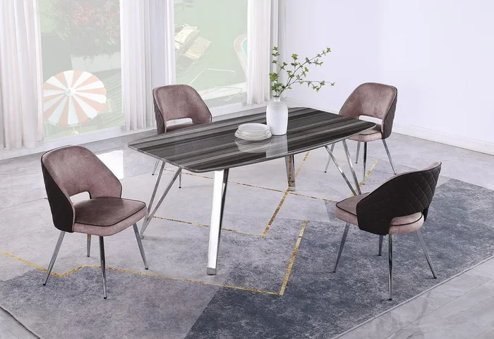 Contemporary Dining Set w/ Marbleized Wooden Table & Four 2-Tone Chairs