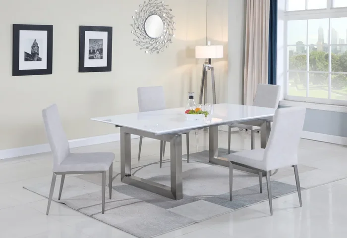 Contemporary Dining Set w/ White Extendable Table & 4 Gray Chairs