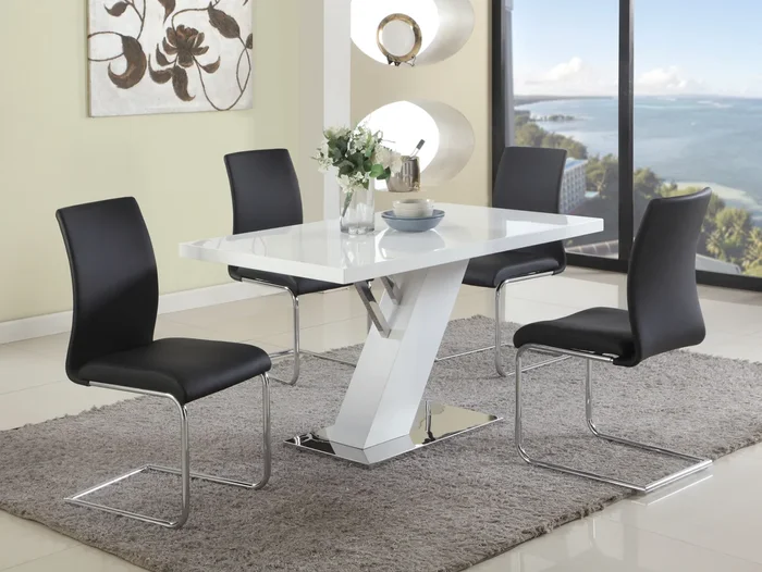 Contemporary Dining Set w/ White Gloss Table & Black Upholstered Chairs