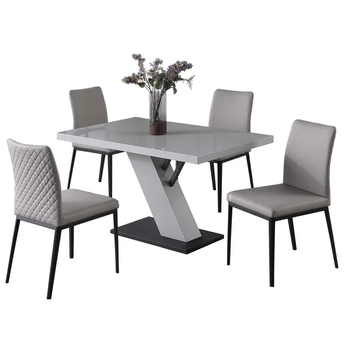 Contemporary Dining Set w/ White Gloss Table & Diamond Stitched Back Chairs