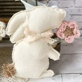 Cream Canvas Bunny With Crocheted Flower