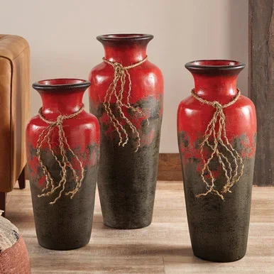 Crimson Vista Pottery Vases – Set of 3