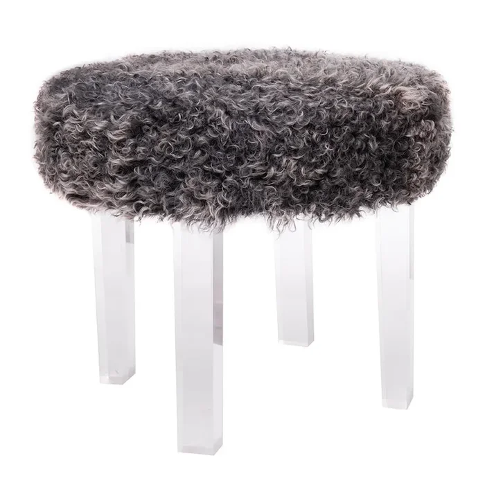 Curly Lamb Round Bench with Lucite Base – Dark Grey Tip (Additional Options Available)