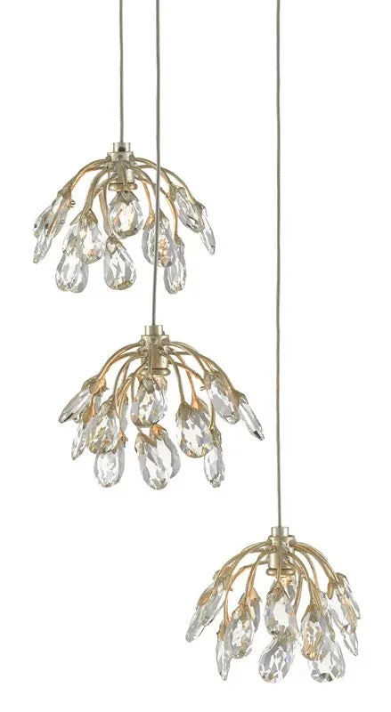Currey and Company Crystal Bud 3-Light Multi-Drop Pendant – Painted Silver/Contemporary Silver Leaf