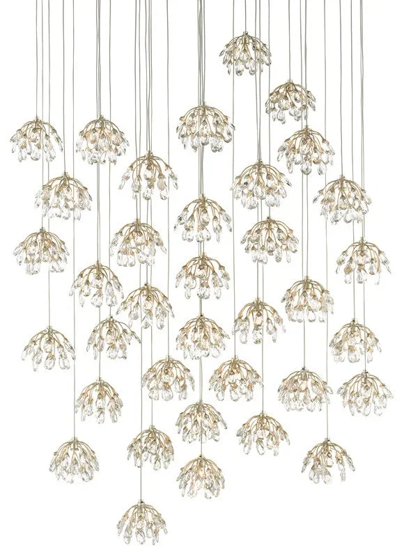 Currey and Company Crystal Bud 36-Light Multi-Drop Pendant – Painted Silver/Contemporary Silver Leaf