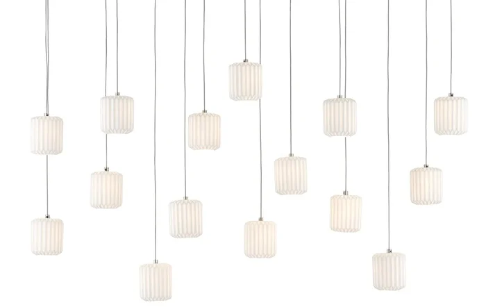 Currey and Company Dove Rectangular 15-Light Multi-Drop Pendant – Painted Silver/White