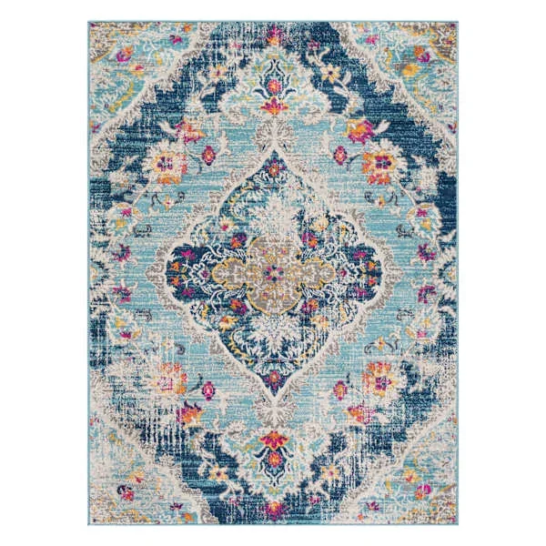 (D493) Floransa Blue Medallion Accent Rug, 3×5