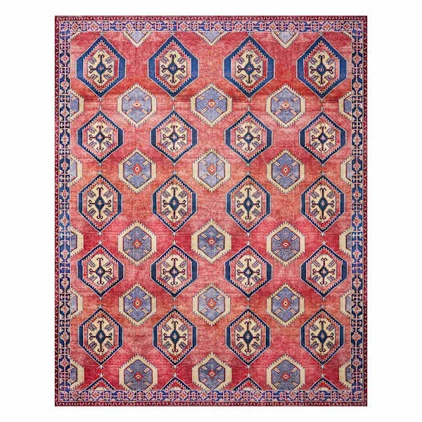 (D565) Freya Red & Blue Medallion Washable Area Rug, 8×10