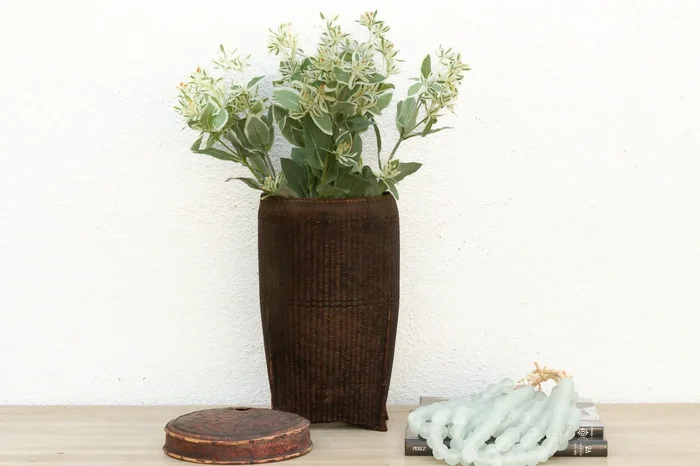 Dark Patinated Brown Woven Basket w/Lid
