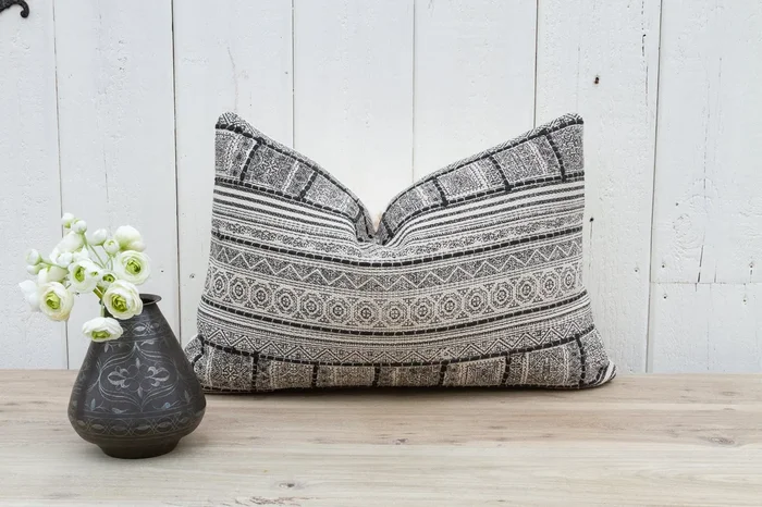Diamond Gray Indian Dhurrie Block Print Pillow Cover