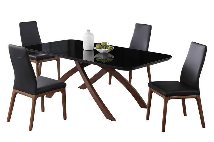 Dining Set w/ Black Glass Table & 4 Solid Wood Chairs