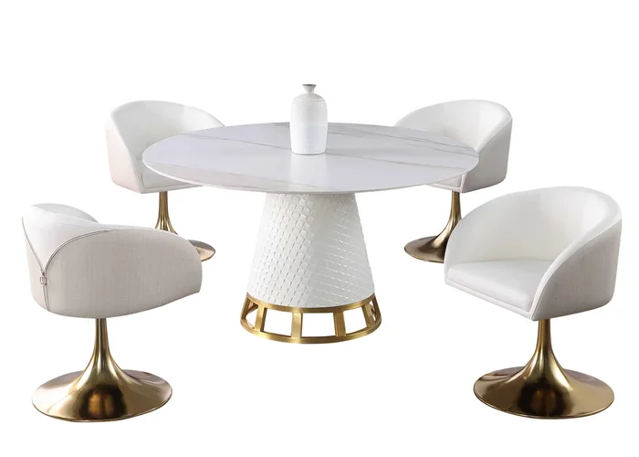 Dining Set w/ Sintered Stone, Wooden, and Golden Table w/ Club style arm chairs