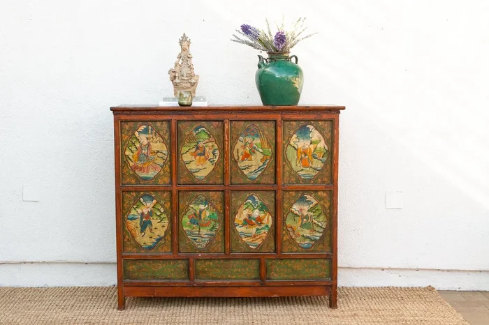 Early 19th Century Tibetan Green & Orange Painted Cabinet (Trade)