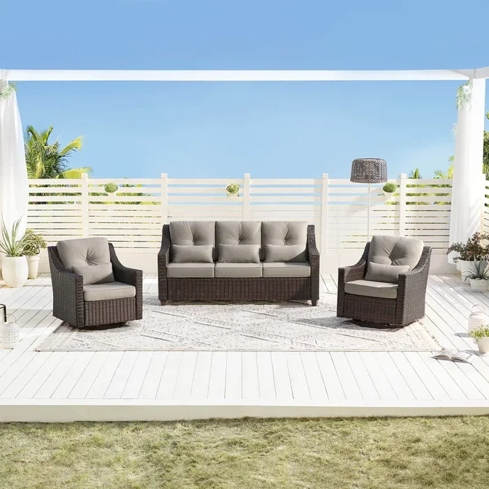 Elara Outdoor Rattan Sofa With Rocking Swivel Armchairs – 5 Seats